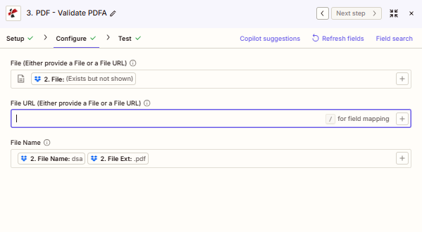 Zapier PDF4me Validate PDFA Configure tab showing File mapped from prior step, empty File URL, File Name built from File Name and File Ext